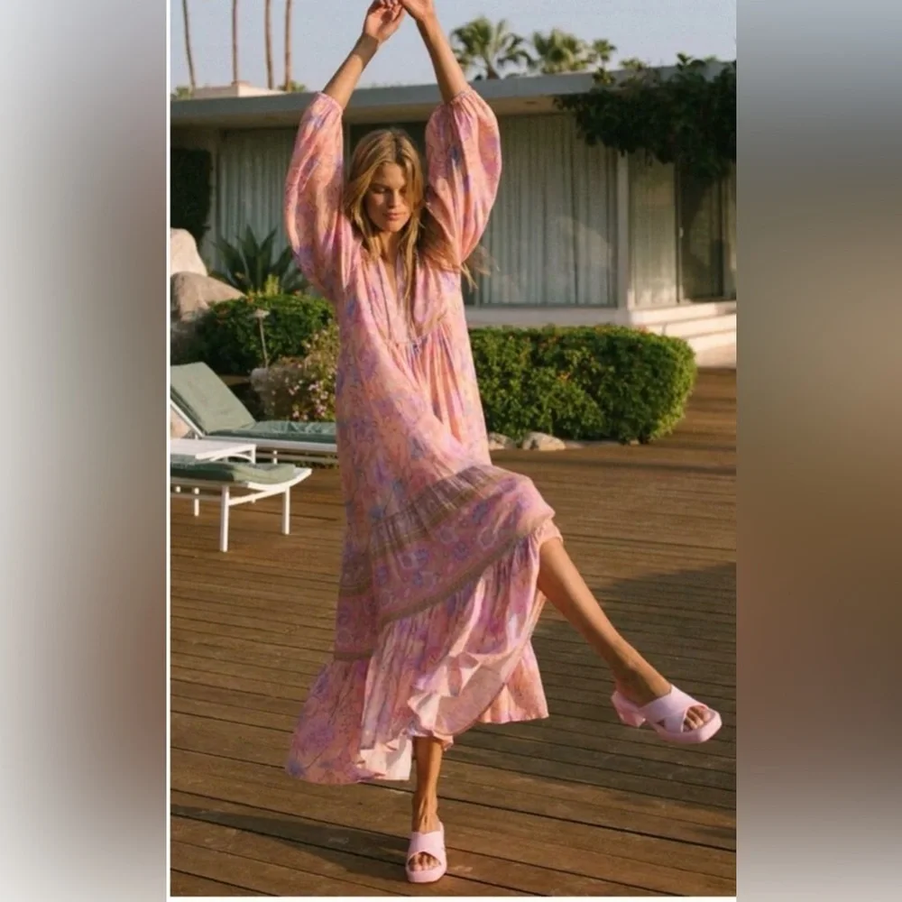 Spell & The Gypsy Butterfly Boho Maxi Dress Musk Pink Floral Festival Size L - Picture 3 of 10